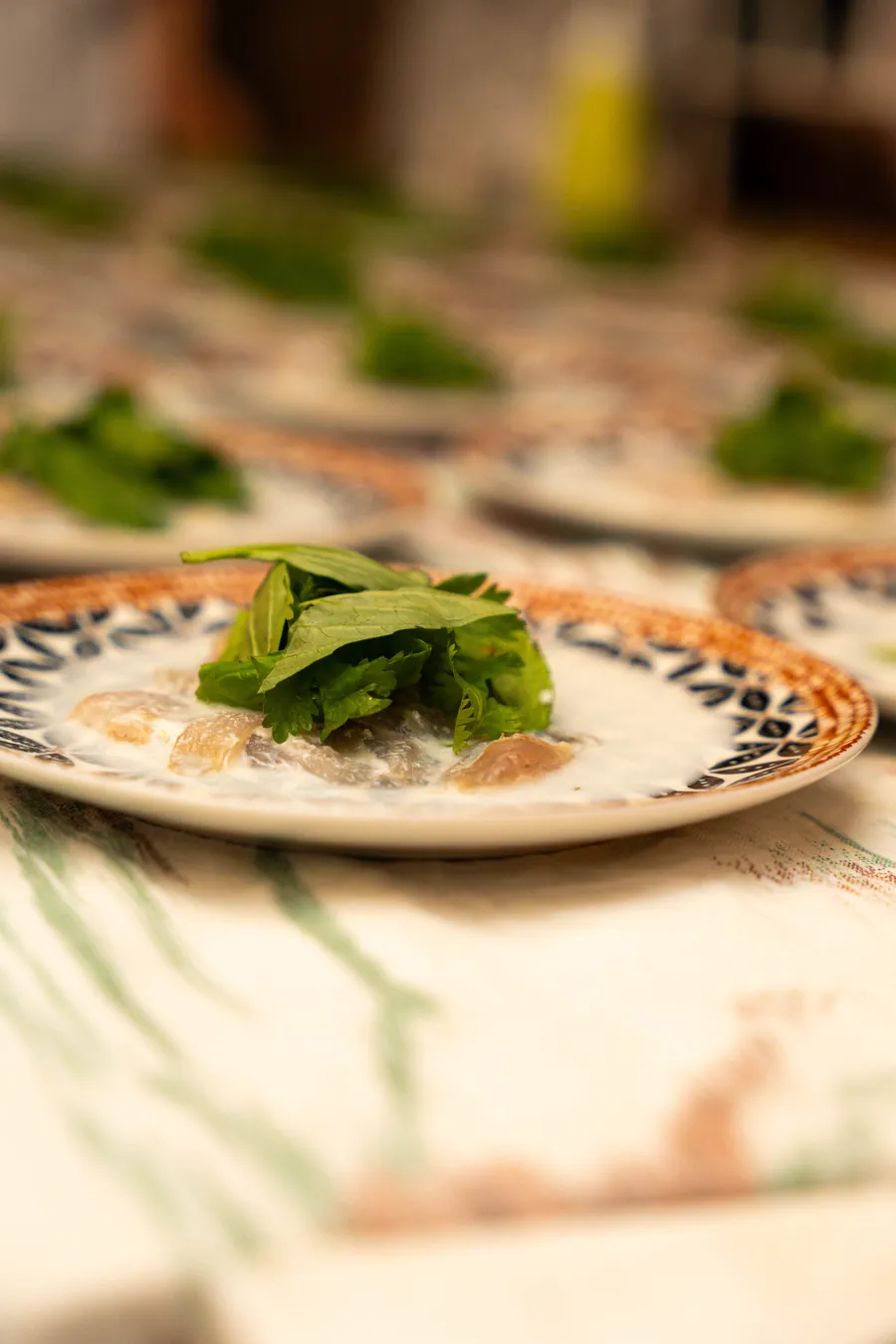 Fresh greens on a patterned plate