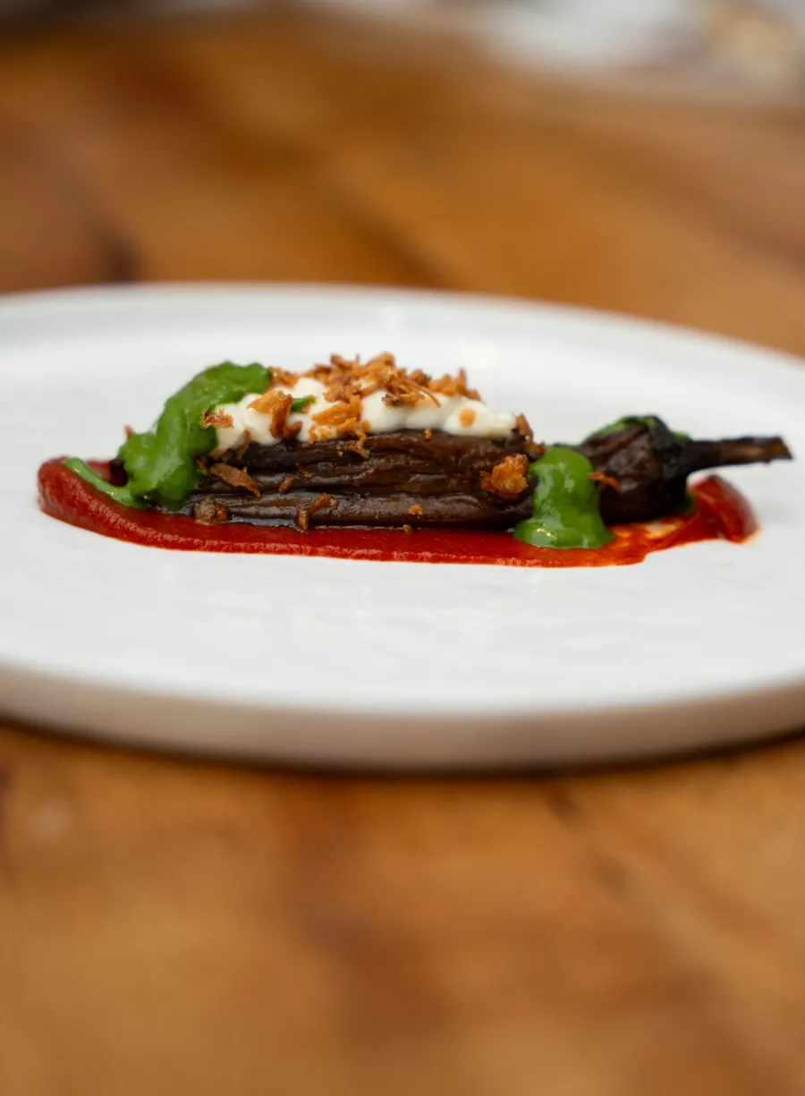Signature plated dish with red berry sauce